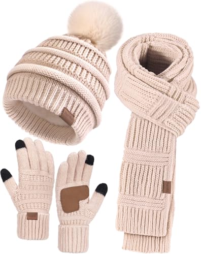 Remifa-Winter-Beanie-Hat-Scarf-Gloves-Set-for-Women-Slouchy-Pom-Pom-Hat-Long-Knit-Scarf-Touchscreen-Gloves-Christmas-Gifts Remifa Winter Beanie Hat Scarf Gloves Set for Women, Slouchy Pom Pom Hat Long Knit Scarf Touchscreen Gloves Christmas Gifts - Image 1