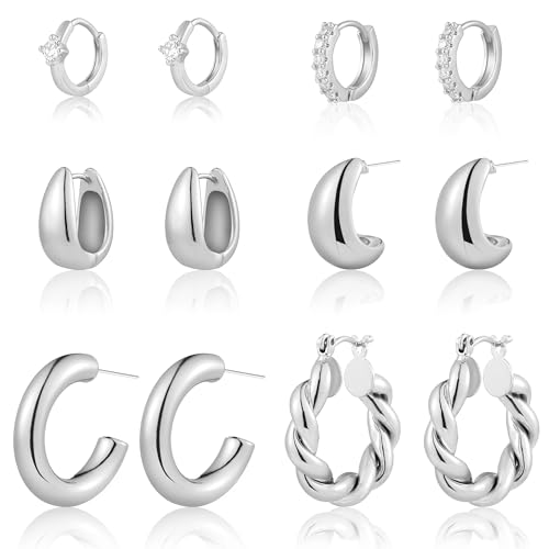 KAMXUY 6 Pairs Gold Hoop Earrings for Women, 14K Gold Plated Huggie Hoop Earrings Set Hypoallergenic Lightweight Chunky Open Hoops Jewelry for Gift (Silver hoops) by KAMXUY - Used condition - US$8.90
