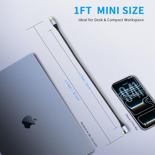 Image of ZeroneTeck 12 inch USB C Cable 1FT, 20Gbps High Speed Data Transfer Short, Right Angle USB C 3.2 Gen 2x2 100W PD Charging, 4K@60Hz Type C Monitor Cable 90 Degree for iPhone16, MacBook, iPad, SSD, KYY