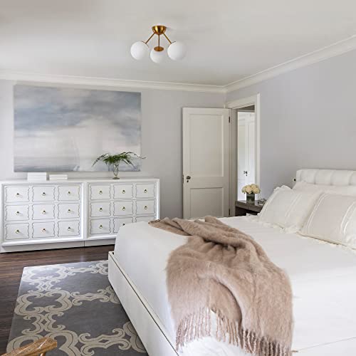 Ynzefly Semi Flush Mount Ceiling Light Fixtures，Mid Century Modern Globe White Flush Mount Ceiling Light，Farmhouse Brushed Gold Ceiling Light For Bedroom,Bathroom，Living/Dinning Room 3-Light #TOP5