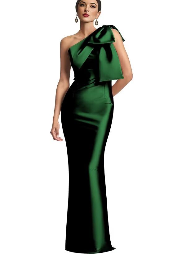 Image of One Shoulder Bridesmaid Dresses with Bow Long Mermaid Satin Back Slit Mother of The Bride Dresses PM004