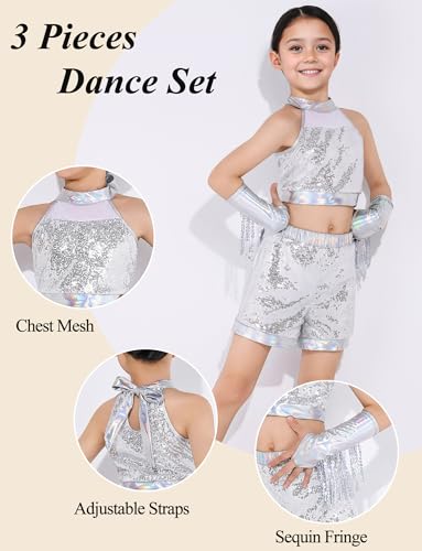 Image of Happy Cherry Girls Shiny Sequin Latin Dance Shorts Set 3 Pcs for Disco Hip Hop Jazz Cha Cha Dance 3-12Y