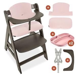 hauck Hochstuhl Alpha+ inkl. Sitzkissen und 2x Babyteller Silikon - Mitwachsender Babystuhl aus Holz, Kinderhochstuhl ab 6 Monate, verstellbar - Charcoal Rose