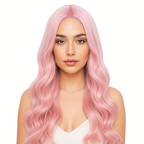 HTTDSLF Lungo Ondulato Parrucca Rosa per Donne, 27 Pollici/70CM Lungo Ondulato Parrucche, Sintetico Parrucca Ricci Resistente al Calore, Cosplay Lunga Capelli della Signora di Modo Festa