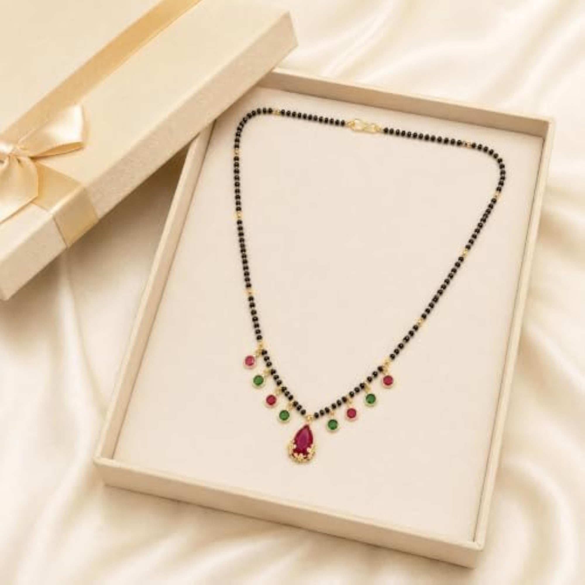 Women's Black Beads Mangalsutra with Multicolor Stone Drops & Pendant