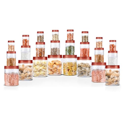 Image of MILTON Vitro Airtight Canister for Kitchen Storage Food Grade Plastic, Stackable & Transparent Organizer Jars, Set of 24(8 x 300ml,700ml,1400ml each) Tea,Coffee,Sugar,Dry Fruits, Grains, Pulses, Brown