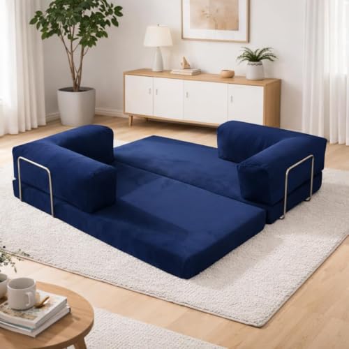 Image of Torque Vegas Three Seater Sofa Cum Bed for Sleeping-Blue | Premium Suede Fabric 3-Seater Double Foam Fold Out Sofas Bed | Convertible 3-in-1 Sofa Cuma Bed for Office