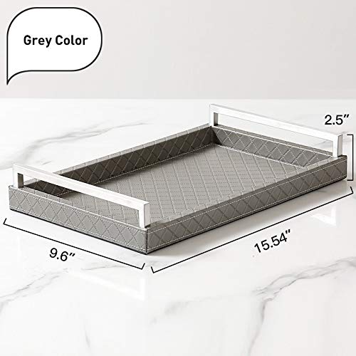 Huaqinglian Rectangular Faux Leather Decorative Ottoman Coffee Table Serving Tray With Brushed Ti-Gold Stainless Steel Handle(Grey) #TOP6