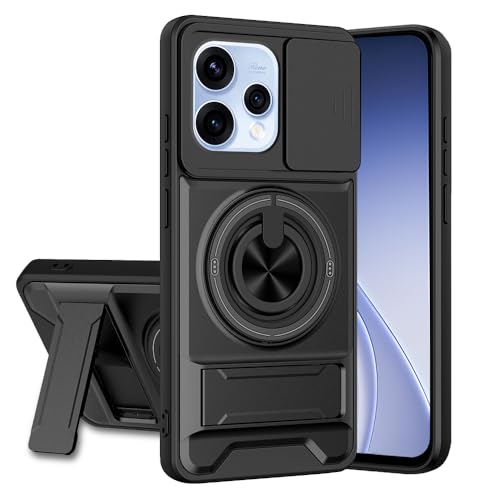 Image of Oppo Reno 15 5G Back Cover | Armor Camera Slider 360 Degree Rotating Finger Ring Holder Case with Bracket Stand Back Case Cover (Compatible with MagSafe Accessories) (Black)