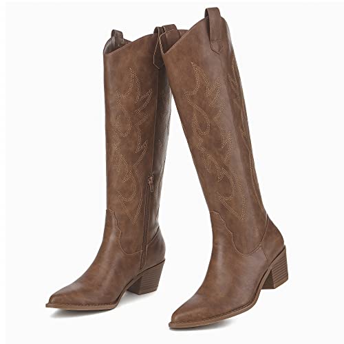 Athlefit Women\'s Western Embroidered Cowboy Boots Pointed Toe Chunky Heel Pull On Knee High Boots Tan Size 8