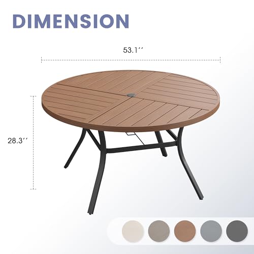 Image of VICLLAX 53 inch Round Outdoor Table, Patio Dining Table for 8 with Umbrella Hole for Garden Lawn Deck Backyard, Walnut