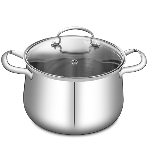DELARLO 三層構造ステンレス製スープ鍋, 6.5L大容量, IH対応, 強化ガラス蓋付き, 24cm両手鍋, シルバー, 18/10ステンレス製調理表面