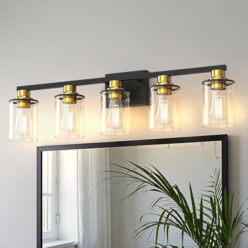 DORESshop Bathroom Light Fixtures, 5-Light Gold and Black Bathroom Lighting