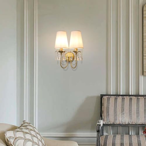 Image of 2-Light Vintage Crystal Wall Sconce, Antique Wall Lights with White Fabric Lampshade for Bedroom Bedside Living Room, Matte Gold Finish