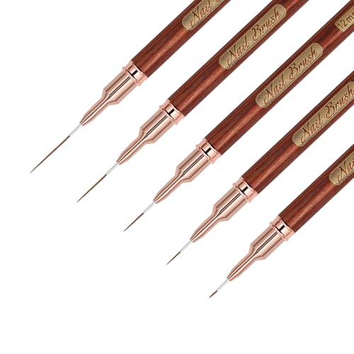 ZEOHBETY Wooden Nail Art Brushes, 5Pcs Nail Art Liner Brushes, Painting Art Design Brush Set Nail Dotting Drawing Tool for Long Lines, Thin Details, Fine Drawing Sizes 6/9/12/15/18mm, Rose gold
