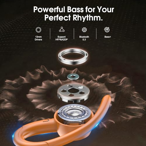 Image of Wireless Earbuds Bluetooth 5.3 Headphones Sports, 48H Earphone with ENC Mic, Stereo Deep Bass Bluetooth Earbud with Secure Earhooks, LED Display, IP7 Waterproof Over Ear Bud for Running Pumpkin Orange