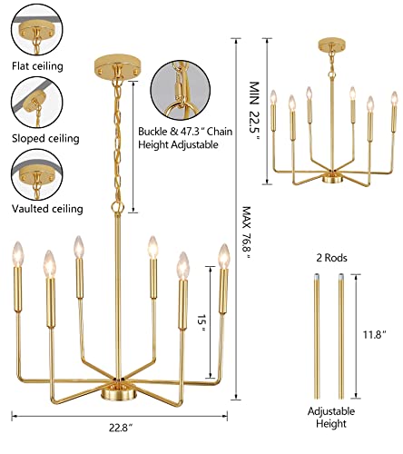 Amzasa Gold Chandelier,Modern Industrial Mid Century 6 Lights Candle Pendant Light Fixtures For Dining Room Kitchen Bedroom Living Room Foyer Plating Shining Gold Finished Ul Listed #TOP7