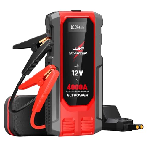 ELTPOWER Avviatore di Emergenza per Auto 4000A UltraSafe Avviatore di Emergenza Pacco Batteria 12V Caricabatterie per Auto Portatile Jump Box con Torcia 3 Modalità Cavi Jumper USB Power Bank Doppia
