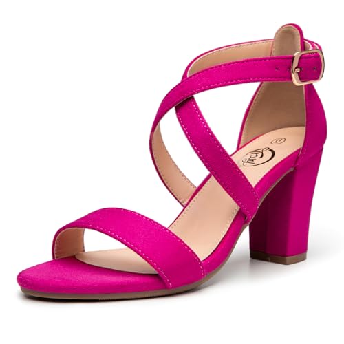 Image of Trary Women's Block Chunky Heel Sandals for Women Open Toe Adjustable Cross Ankle Strap Dress Shoes Walking Wedding Evening Bridal Heels