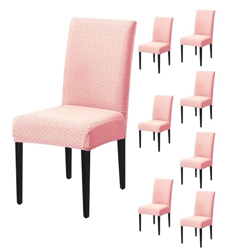Image of House of Quirk Elastic Jacquard Chair Cover Stretch Removable Washable Short Dining Chair Cover Protector Seat Slipcover (Pack of 8, Pink)
