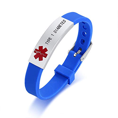 HEABY Medical Alert ID Bracelet Laser Engraved Type 1 Diabetes Adjustable Wristband for Men Women Emergency First Aid