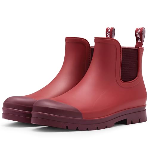 Image of planone Women's Fashion Waterproof Short Chelsea Rain Boots Durable Non Slip Ankle Rubber Boots Work Booties Lightweight Outdoor Garden Shoes with Removable Insole