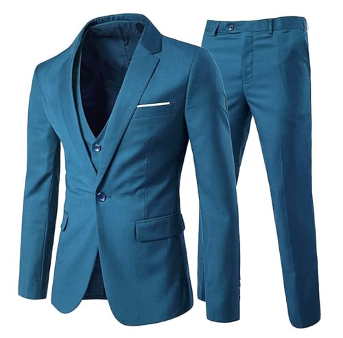 Cloudstyle Mens 3-Piece Suit Notched Lapel One Button Slim Fit Formal Jacket Vest Pants Set Blue