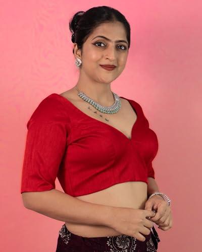 Image of FIGURE'S DESIGNER Women's Dupion Raw Silk Half Elbow Sleeves Sweetheart V Neck Sabyasachi Cut Readymade Saree Blouse S10