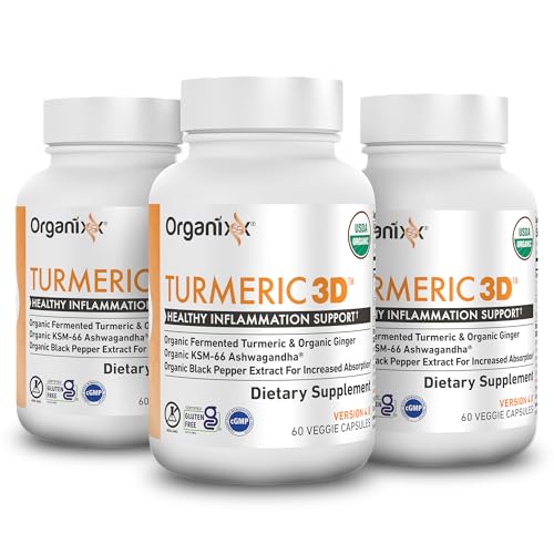 Organixx USDA Organic Turmeric Curcumin Supplement with Ashwagandha, Vitamin D, Turmeric & Ginger – Fermented for Maximum Bioavailability, 60 Count (Pack of 3)