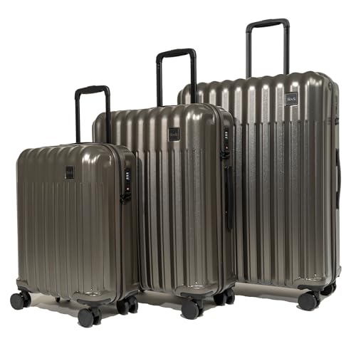 Image of Rock Luna Set of 3 Hard Shell Suitcase in Charcoal – Lightweight Durable ABS Case with TSA Lock, 8 Spinner Wheels & Telescopic Handle – Metallic Checked Luggage - Small, Medium & Large