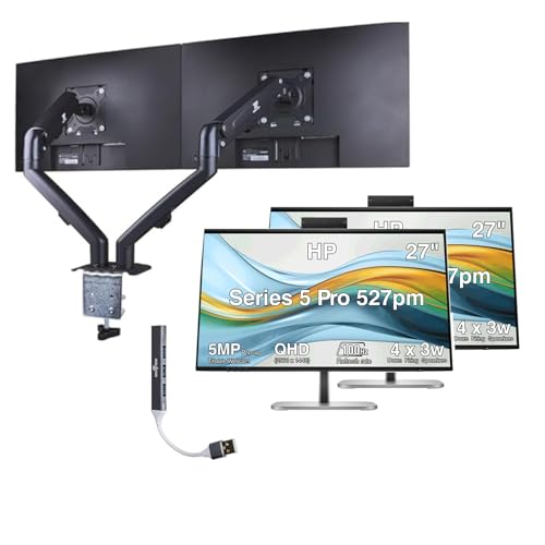 Image of HP Series 5 Pro 527pm 27 inch QHD USB-C Conferencing Monitor, 5MP Pop-up Webcam, 4x3W Speakers, VESA Mount (100mm), Displayport, Black /Silver (9E0Y9UT#ABA) 2 Pack w /DKZ Hub & ErgoFlexy Dual Mount Arms