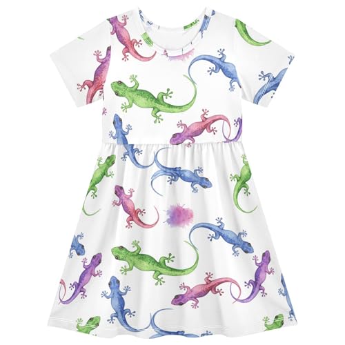 Emelivor Lizards Watercolor Girls Summer Dress Toddler Casual Dresses Girl Short Sleeve Dress for Kids,2T
