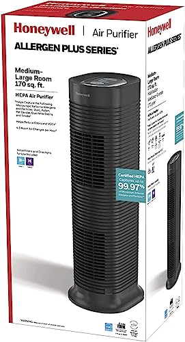Honeywell Allergenplus Hepa Tower Air Purifier, Allergen Reducer For Medium-Large Rooms (170 Sq Ft), Black - Wildfire/Smoke, Pollen, Pet Dander, And Dust Air Purifier, Hpa160 #TOP3