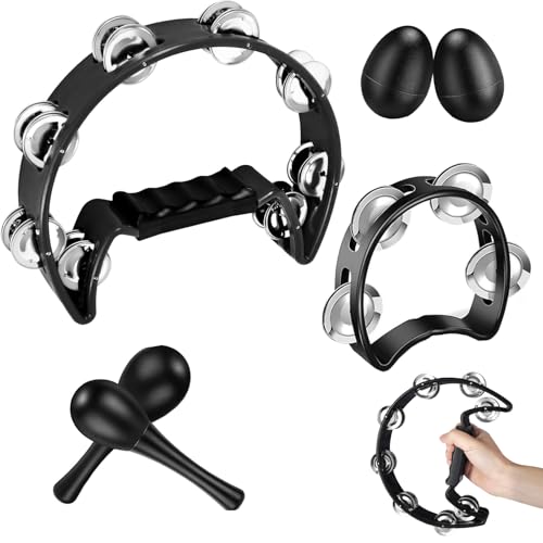 KVRHVEY 6 Pcs Tambourine Set with Metal Jingles Hand Held Percussion, Half Moon Tambourine, Egg Shakers and Sand Hammers for Adults Party, KTV, Church, Black