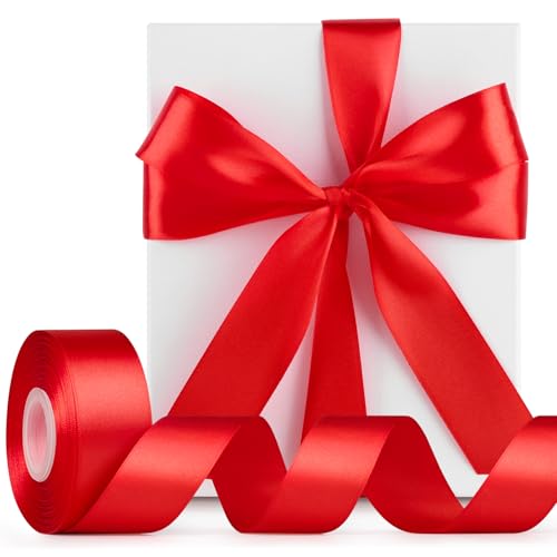 Image of Mauproy 1-1 /2 Inch Wide Red Satin Ribbon, 50 Yards Solid Polyester Fabric Ribbon for Roses Making, Mother's Day, Gift Wrapping, Flower Bouquets, Wedding Decorations, Handmade Crafts