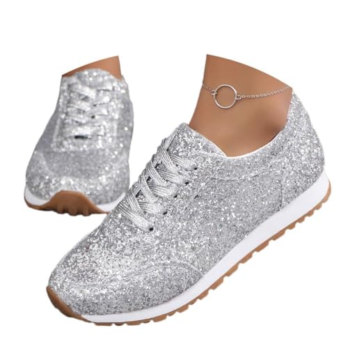 shownicer Baskets Femme Paillettes Baskets à Lacets Mode Léger Respirante Sport Fitness Sneakers Confort Chaussures Sport Jogging Chaussures A Argenté 38 EU
