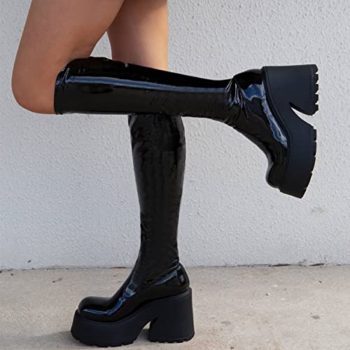 Bottes de mode pour femmes en cuir verni noir avec talon épais de 8cm