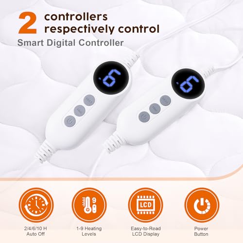 HYLEORY Heated Mattress Pad Queen Size Dual Control, Fast Heating Bed Warmer, Electric Mattress Pad Cover with Deep Pocket 9 Heat Settings, 10 H Auto Shut Off, Machine Washable, White 60\"*80\" - Thumbnail 3