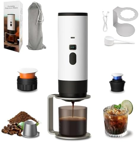3-in-1 Portable Coffee Maker, 15 Bar Portable Espresso Machine with LED Display and 90ml Sink, Compatible with Ground Coffee & Capsules(Ns&DG) for RV, Hiking, Office, Auto-Heating, USB-C (White)