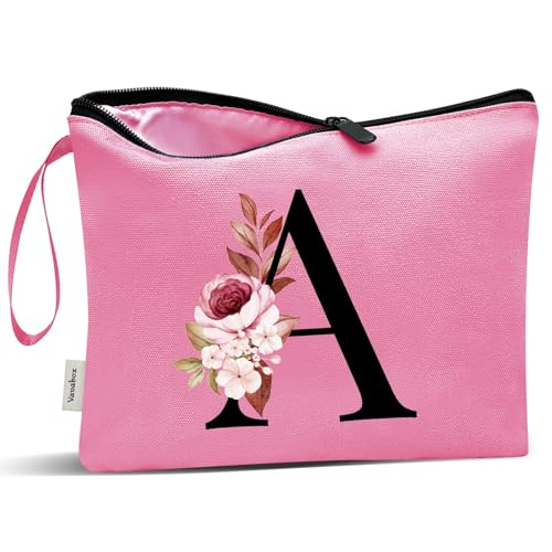 Image of Vavabox A-Z Personalized Makeup Bag, Birthday Gifts for Women Mom, Gifts for Best Friend, Bride Bridesmaid Cosmetic bag (A, Peach)