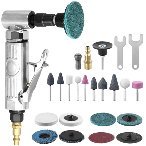 QWORK® Kit de amoladora angular neumática de 1/4, juego de herramientas para lijadora y pulidora de ángulo recto, con piedras de afilar y discos de lijado