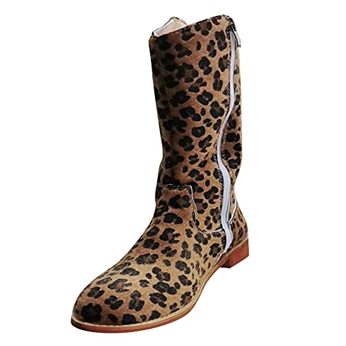 Bottes Femme Cuir Noir Mode Femmes Cuir Brillant imprimé léopard Chaussures Fermeture éclair Bottes de Vache Bottes pour Femmes Mi Hiver