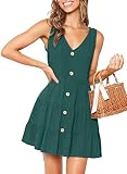 Picture of MITILLY Women's Summer Sleeveless V Neck Button Down Casual Pocket Swing Short Dress Small Dark Green