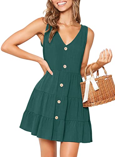 Image of MITILLY Women's Casual T-Shirt Dresses Sleeveless V Neck Button Down A Line Loose Swing Short Dress with Pockets
