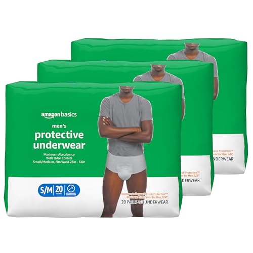 Amazon Basics Incontinence Underwear for Men, Maximum Absorbency, Small/Medium, 60 Count (3 Packs of...