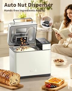 KBS 2.2LB Smart Bread Maker, 20-in-1 Automatic Bread Machine with Color Touchscreen, Dual Heaters, True Ceramic Pan, Auto Nut Dispenser, 2 Custom Programs, Sourdough&Gluten Free, White Stainless Steel — photo 6 of 6