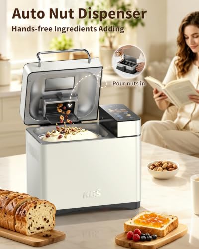 Image of KBS 2.2LB Smart Bread Maker, 20-in-1 Automatic Bread Machine with Color Touchscreen, Dual Heaters, True Ceramic Pan, Auto Nut Dispenser, 2 Custom Programs, Sourdough&Gluten Free, White Stainless Steel