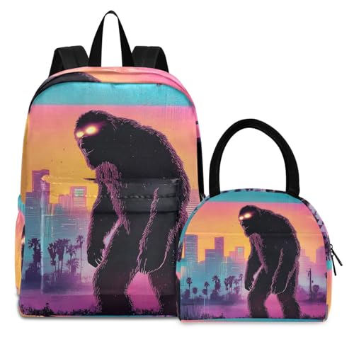 Backpack Lunch Bag Set City Sasquatch Print, Big Storage Travel Backpacks with Insulated Lunch Box for Office Hiking Picnic