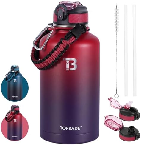 TOPBADE Edelstahl Trinkflasche 1900 ml (+2 Deckel), 1,9 Liter Isolierte Wasserflasche mit Strohhalm, Auslaufsichere Isolierflasche doppelwandig mit Chug Deckel für Schule, Fitness,