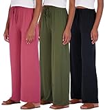 Real Essentials 3 Pack Soft Palazzo Pajama Pants for Women, Wide Leg Comfortable Casual Lounge Yoga Bottoms, Multicolor, Set 6, Small